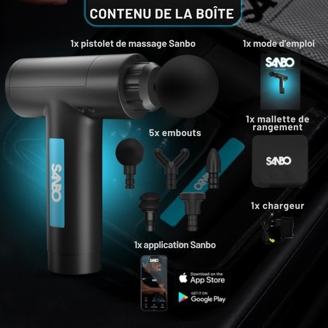 Pistolet de massage Sanbo  - Massage sportif et relaxant - Professional- Includes Case & App - Appareil de massage - Pistolet de massage - Fitness - Noir/Bleu