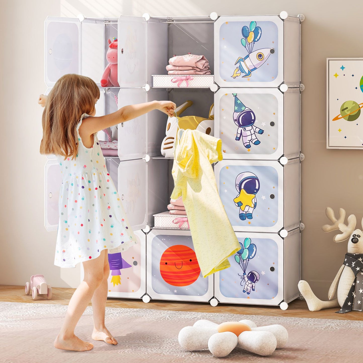 Coast Armoire pour enfants - 2 sections suspendues et 12 compartiments - Portes en forme de dessins animés - Blanc - 107 x 36 x 142 cm
