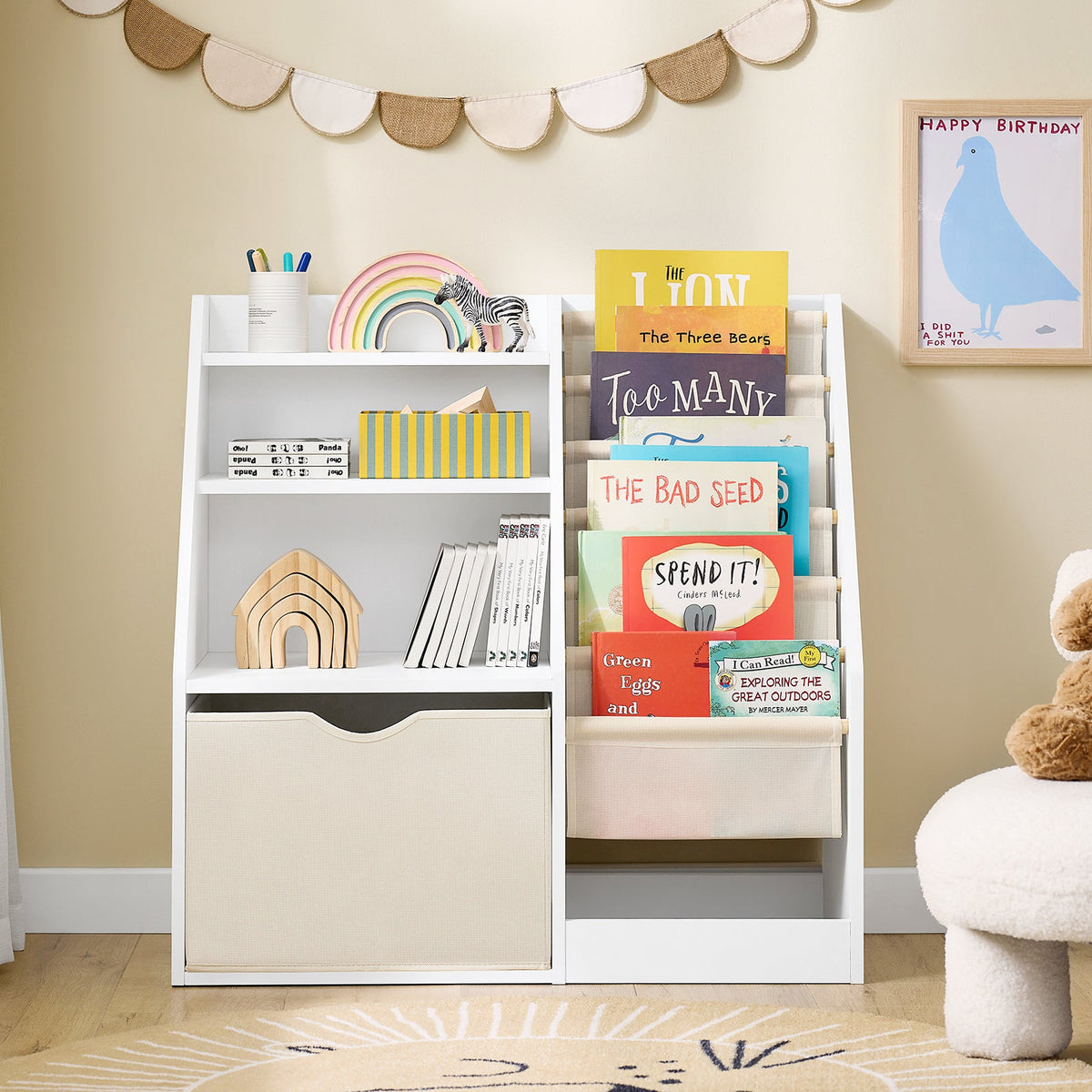 SoBuy KMB119-W Bibliothèque Montessori pour enfants 3 niveaux avec rangement et paniers en tissu, blanc, 80 x 40 x 80 cm