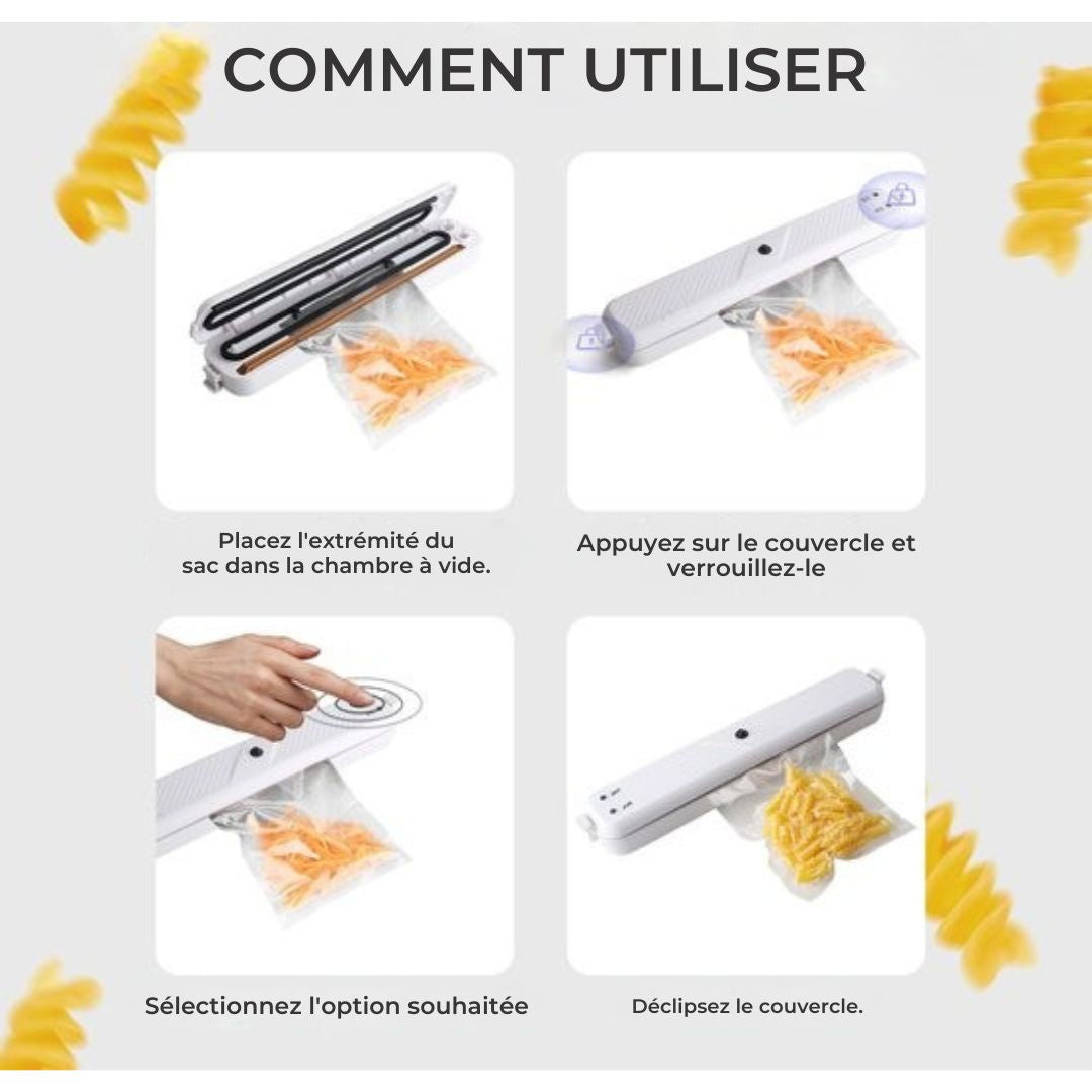 Machine à emballer sous vide Gtrise - 10 sachets sous vide - Simple - Pour tous types d'aliments - blanc