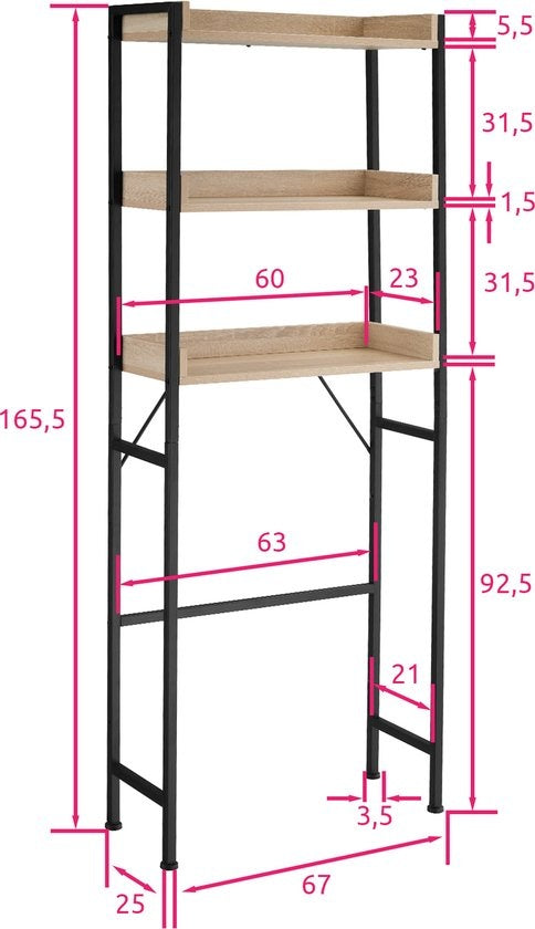tectake Etagère de salle de bain Seattle 67 x 25 x 165,5 cm Bois clair industriel, chêne Sonoma - 404864