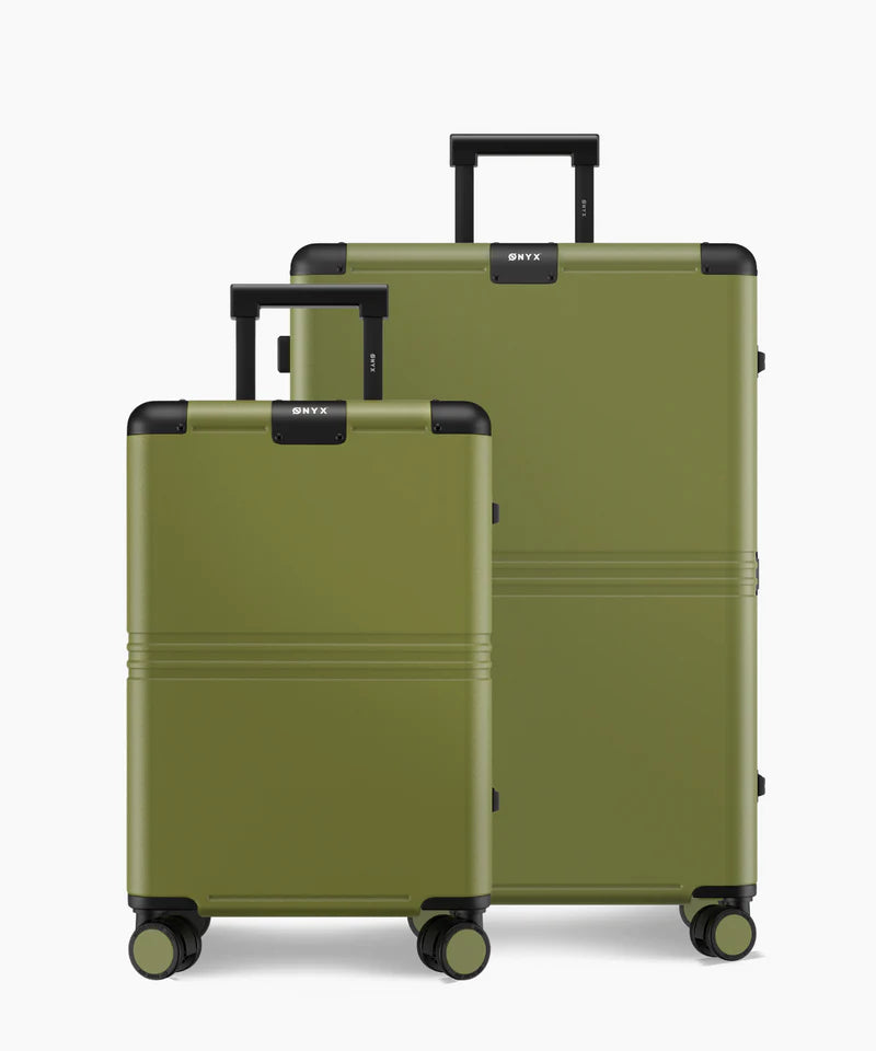 Ensemble de valises Onyx Hybrid Pro en deux pièces Onyx Journey – Équipé de roulettes Hinomoto Silent Run, d’une coque en polycarbonate Makrolon allemand et d’un système de compression intégré – Pour les voyages et les vacances – Polycarbonate vert olive