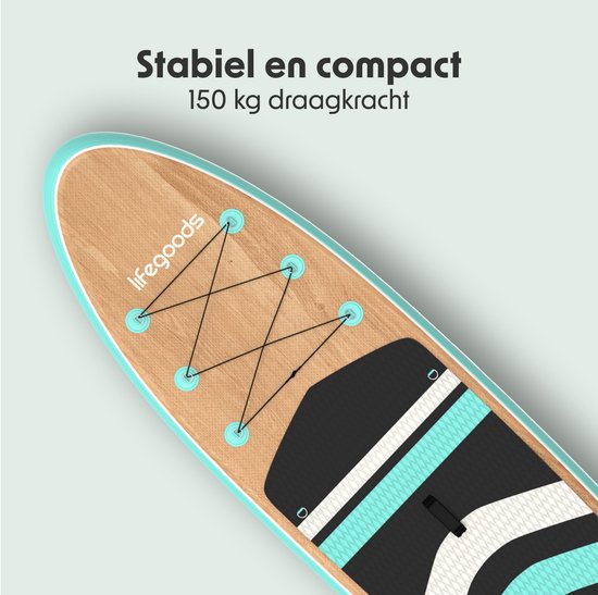 LifeGoods PaddlePro SUP Board - avec siège - Planche à pagaie gonflable - Ensemble complet - Max. 150KG - 320x81cm - Bois/Vert Menthe