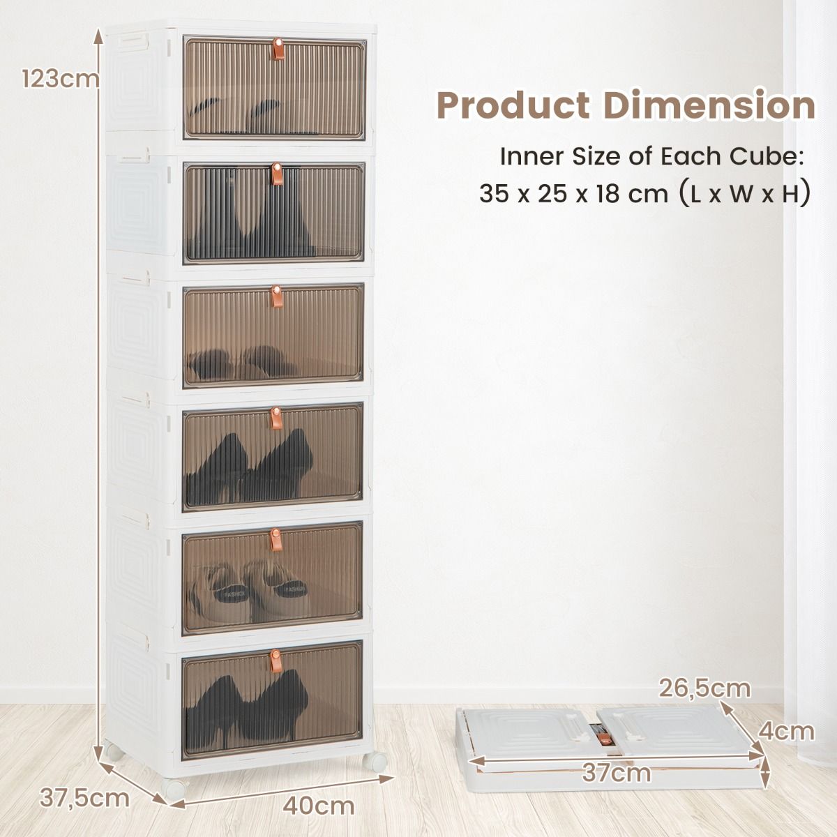 Coast - Rangement pour chaussures - pliable, 6 étages, portes magnétiques et roues - 40 x 37,5 x 123 cm - PP/PU - blanc/marron