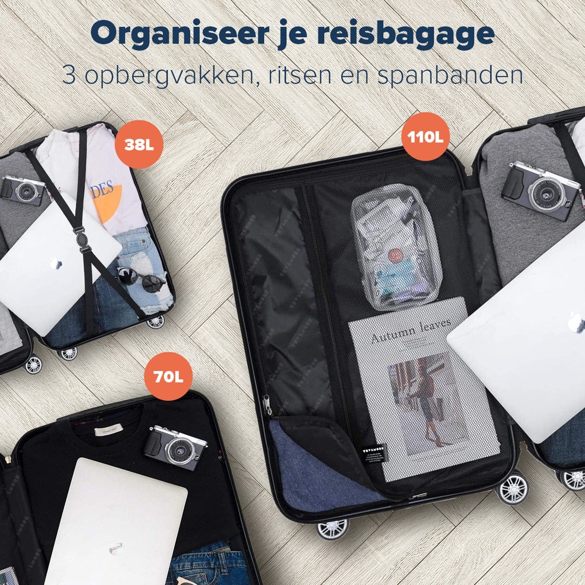 Lot de 3 valises TRVLMORE - Grande Taille Valise soute - 38L (bagage à main) + 70L + 110L - Rose Gold
