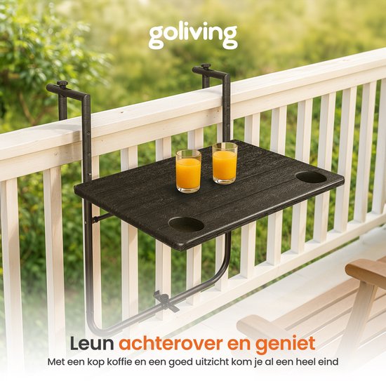 Goliving Table de balcon - Pliante - Suspendue - 60 x 40 cm - Réglable en 3 hauteurs - Résiste aux intempéries - 2 porte-gobelets - Noir