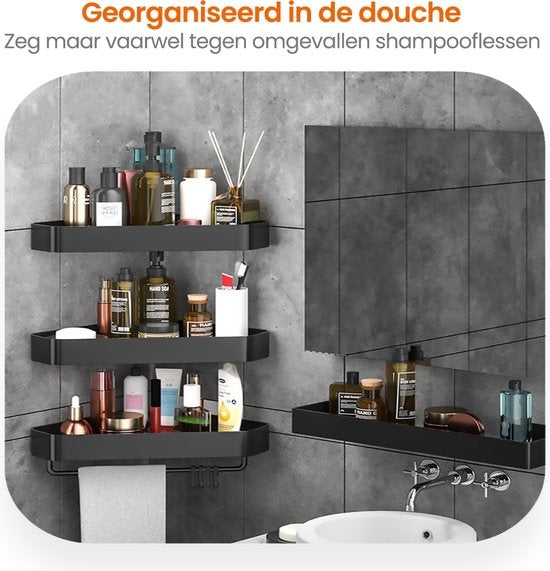 Goliving Support de douche 2 couches - Support de douche sans perçage - Support de douche d'angle - Panier de douche - Support de salle de bain - Accessoires de salle de bain - Noir