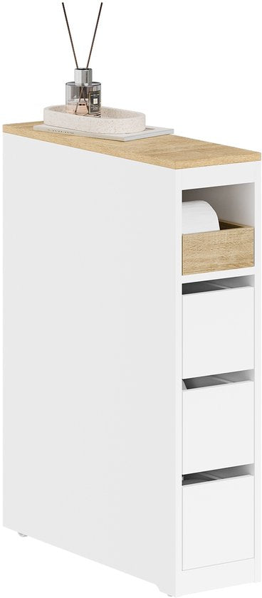 SoBuy Meuble de toilette 20 cm, meuble de salle de bain avec 3 tiroirs, petit meuble à papier toilette, étagère mobile pour salle de bain, toilettes et cuisine, blanc, 60 x 20 x 82,3 cm