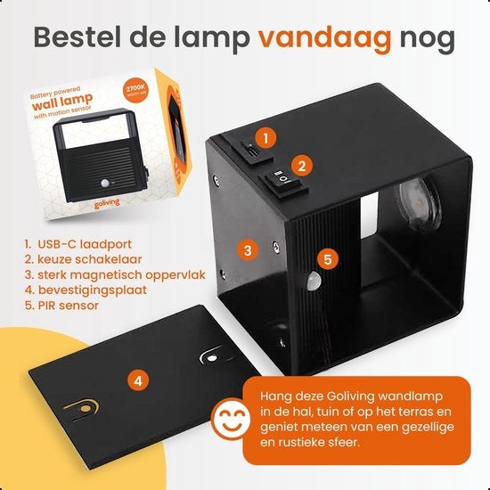 Goliving Wall Lamp Rechargeable - Lampe murale d'intérieur - Sans fil - Avec détecteur de mouvement - USB-C - 4400 mAh - Lumière blanc chaud - 10 x 10 x 10 cm - Noir