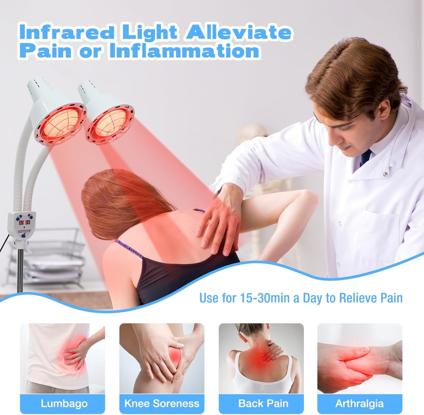 Lampe chauffante infrarouge double Xigner 275 W - Pied réglable de 128 à 158 cm - Double tête pivotante à 360° - Lampe chauffante rouge pour la relaxation musculaire et la circulation sanguine