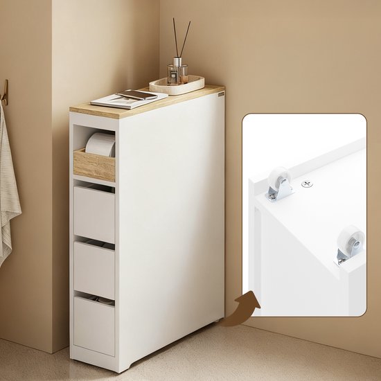 SoBuy Meuble de toilette 20 cm, meuble de salle de bain avec 3 tiroirs, petit meuble à papier toilette, étagère mobile pour salle de bain, toilettes et cuisine, blanc, 60 x 20 x 82,3 cm