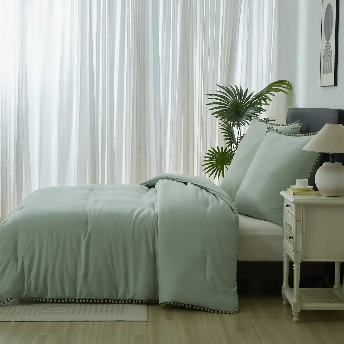 Ensemble de housse de couette Meeallhome avec franges à pompons - 200 x 220 cm + 2 x 80 x 80 cm - Turquoise