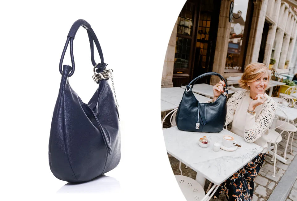 Sac à bandoulière de luxe Anna Morellini Alba - Fait main en cuir 100 % italien - Bleu tendance