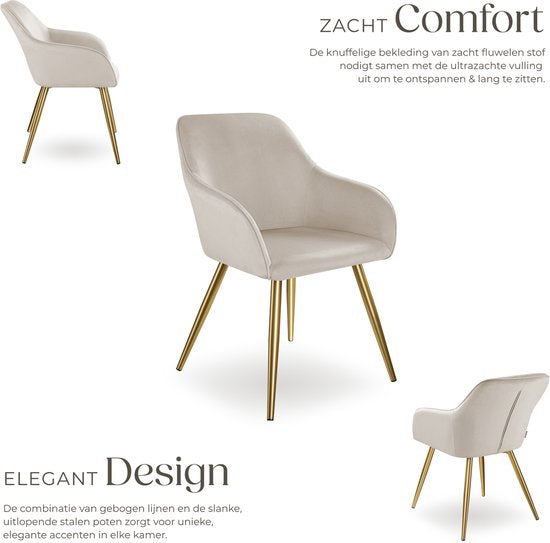 tectake® Marilyn Dining Chair - Avec accoudoirs - Chaise élégante avec assise en velours rembourrée - Tapissée - Pieds en métal doré - Chaise de cuisine ergonomique - Chaise pour salon, salle à manger et chambre à coucher - Taupe