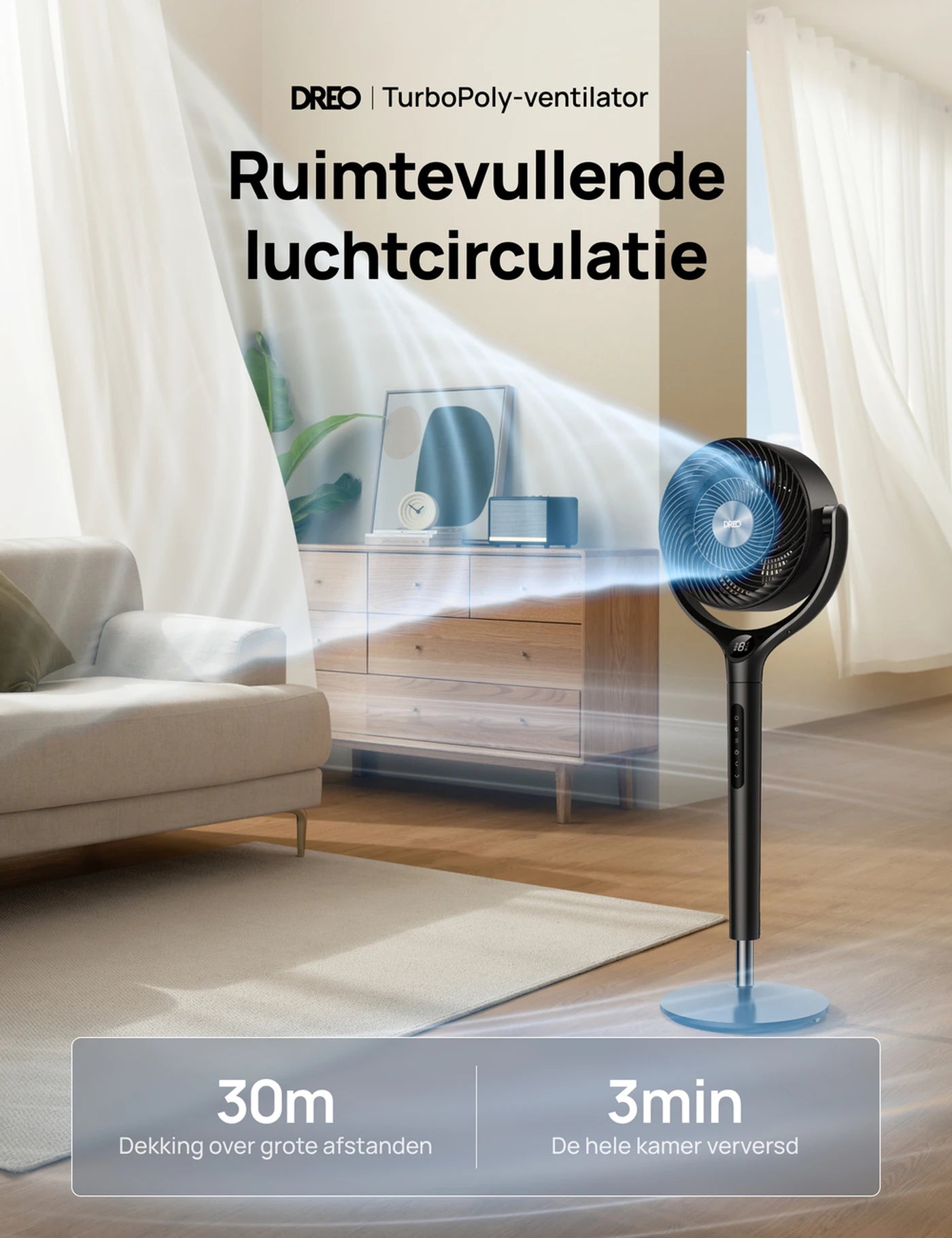 Ventilateur à circulation d'air Dreo Turbo DR-HPF022 - Ventilateur sur pied - 9 vitesses et 6 modes - Télécommande - Oscillation à 120° - Hauteur : 94-107 cm