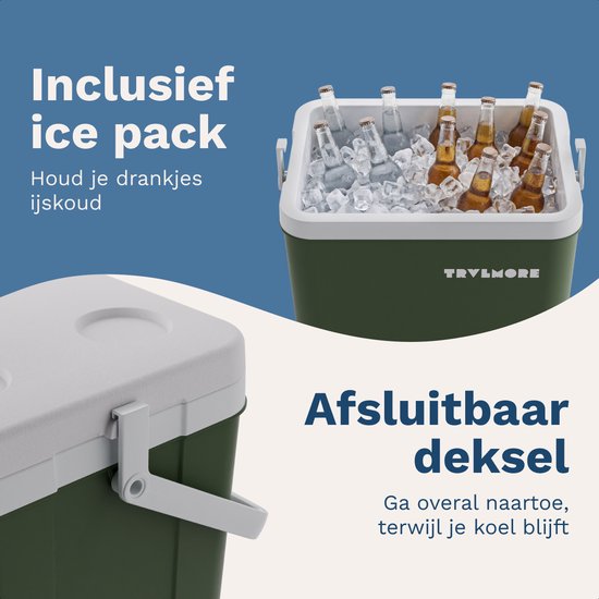 TRVLMORE Cool Box 26L - Frigobox - 2 éléments réfrigérants inclus - Vert