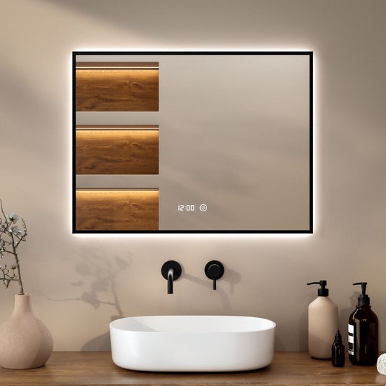 Mirlux Miroir de salle de bain avec éclairage LED et chauffage - Miroir mural rectangulaire - Miroir de douche anti-condensation - 80x60CM - Noir