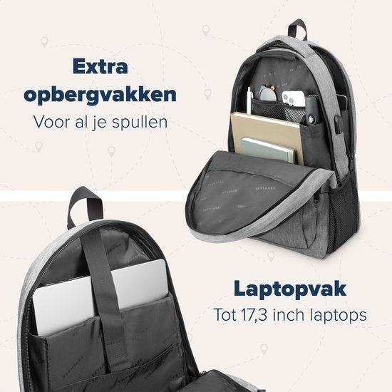TRVLMORE Sac à dos - 36L - 17.3 inch - Sac à dos pour ordinateur portable - Sac d'école - Unisexe - Gris anti-éclaboussures