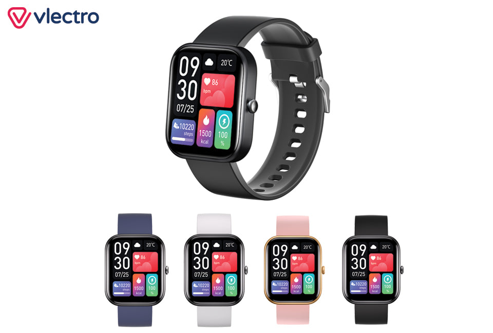 Vlectro - Smartwatch R1 - Noir et silicone - Appels Bluetooth et moniteur de santé - Étanchéité IP67 - Pour Android et iOS - Noir