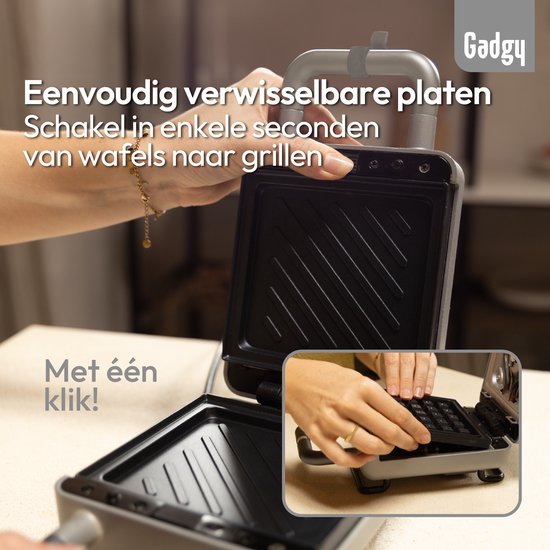 Gadgy Premium Gaufrier – Argent - Gril, appareil à croque-monsieur et gaufrier 3-en-1 - Plaques interchangeables - 600 W - Très puissant - Gaufre bruxelloise