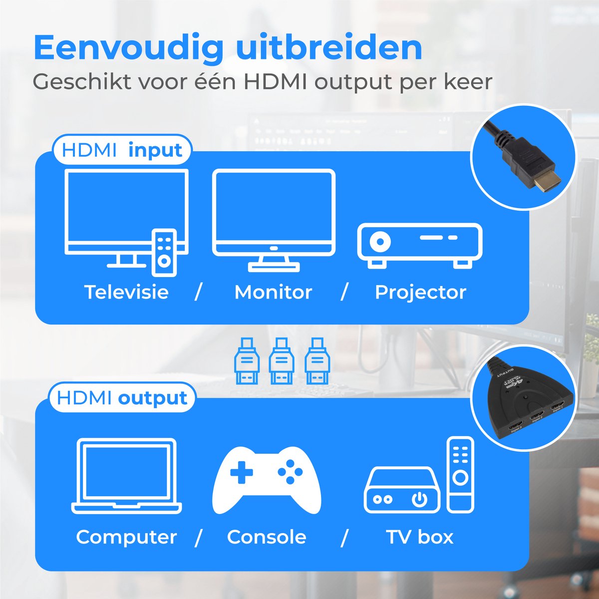 Commutateur HDMI Nuvance - 3 entrées, support 4K 60Hz - 60 cm - Noir