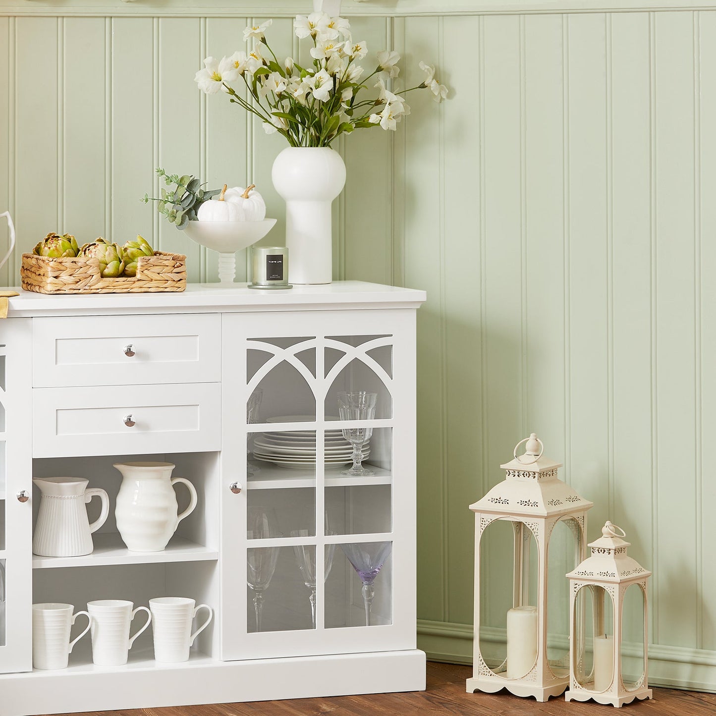 SoBuy FSB79-W Sideboard - Meuble de cuisine blanc avec tiroirs et portes en verre