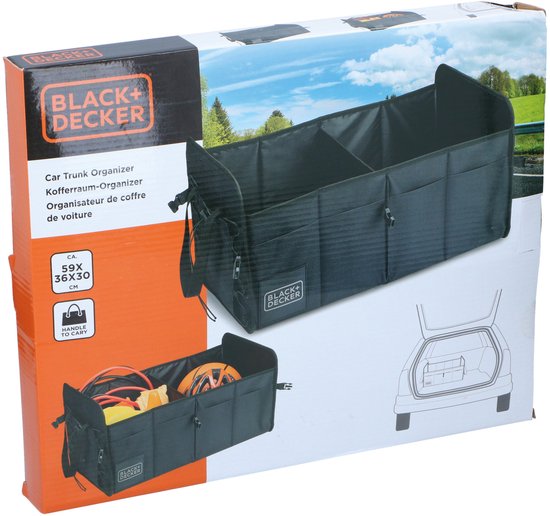 Boîte de rangement BLACK+DECKER pour coffre de voiture - 59 x 36 x 30 cm - 2 compartiments - Compartiments latéraux supplémentaires - Avec poignées - Noir