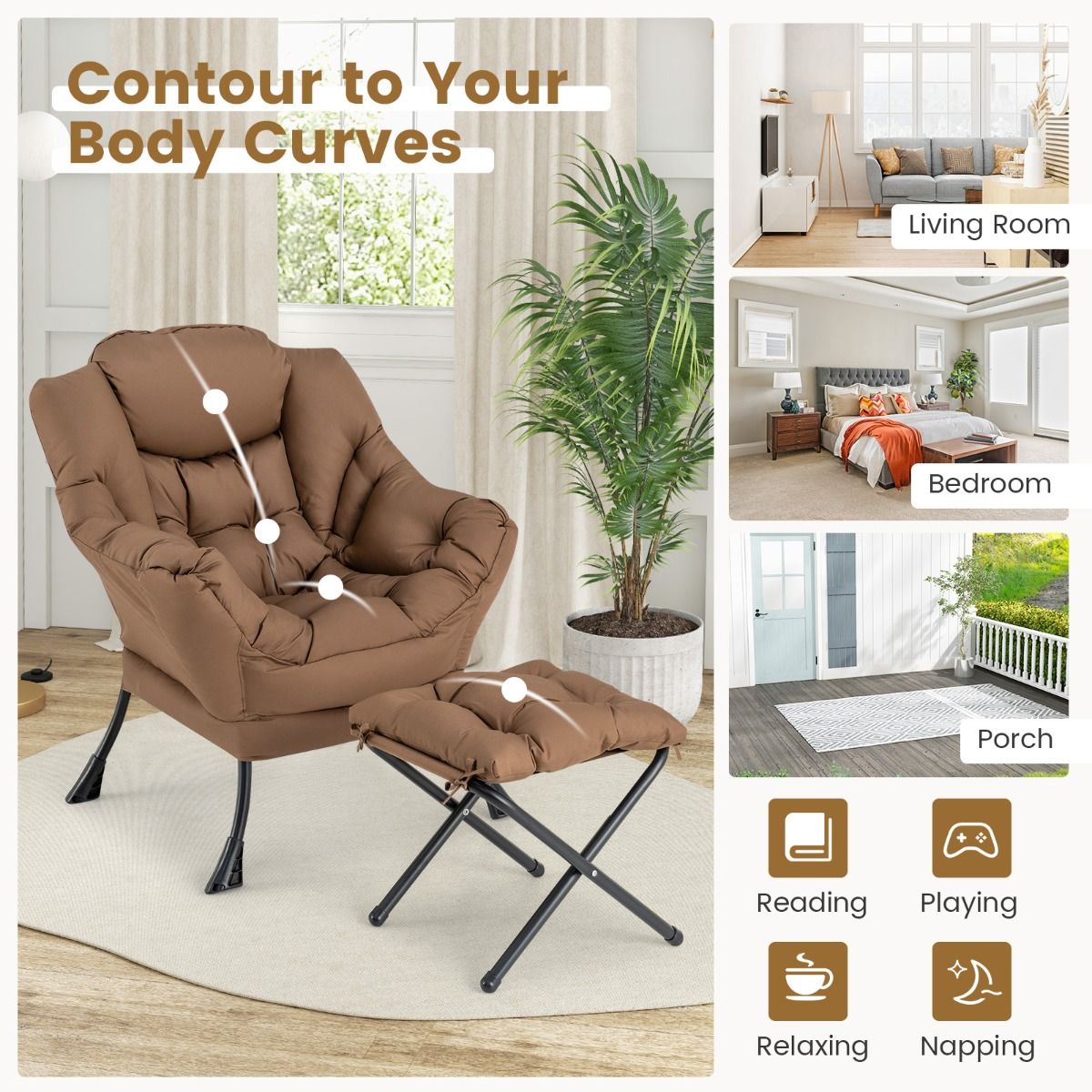 Fauteuil Coast avec repose-pieds - Fauteuil relax avec accoudoirs et repose-pieds - Design ergonomique - Marron