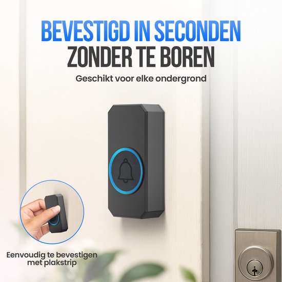 Strex Wireless Doorbell - Récepteur alimenté par le secteur - Portée de 300 m - 60 mélodies - Sans fil - Résistant à l'eau - Noir