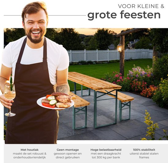 tectake® - Table à bière avec 2 bancs - 8 personnes - 170 cm de long - Ensemble de table à bière 3 pièces avec table pliante et bancs - Table de jardin - Banc à bière Oktoberfest