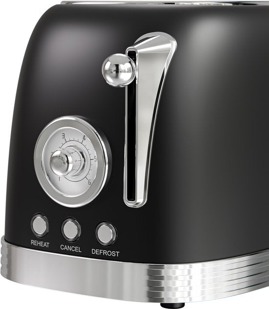 KitchenBrothers Retro Toaster - Grille-pain - 6 niveaux de chaleur - 2 fentes extra-larges - 815W - Noir
