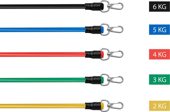 Rebblo - Kit d'entraînement à domicile – 10 pièces – Bandes de résistance – Bandes pour les chevilles – Poignées – Ancrage de porte – Kit de fitness avec sac de rangement inclus - 2/3/4/5/6 kg