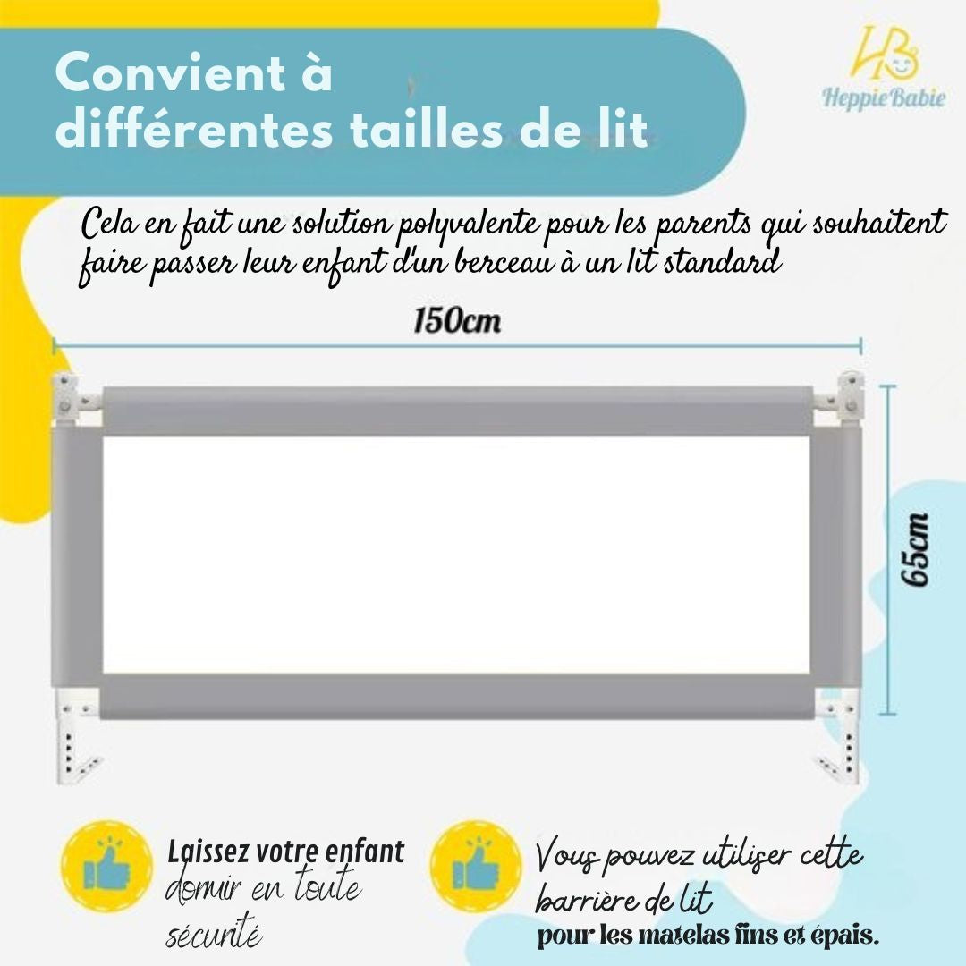 Barrière de lit HeppieBabie  - universelle - extra longue 150 CM - réglable - avec filet de sécurité - grise
