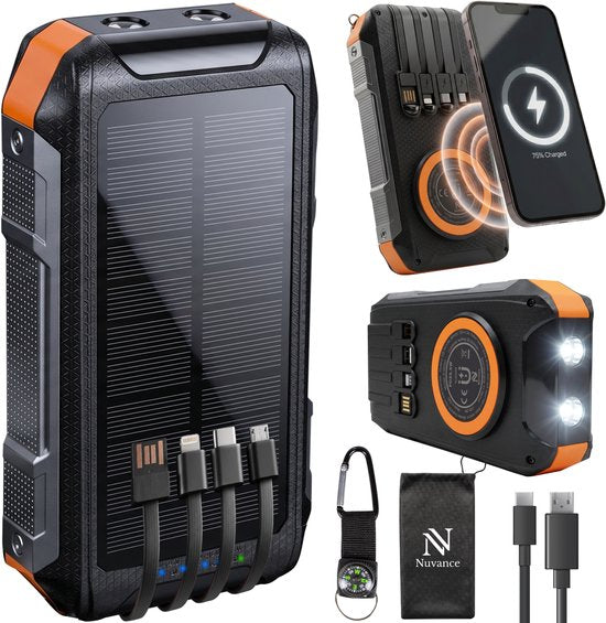 Powerbank solaire Nuvance 20 000 mAh - Chargeur rapide 22,5 W - USB-C et USB-A - 4 câbles intégrés - Powerbank sans fil 15 W - Kit d'urgence - Powerbank à énergie solaire