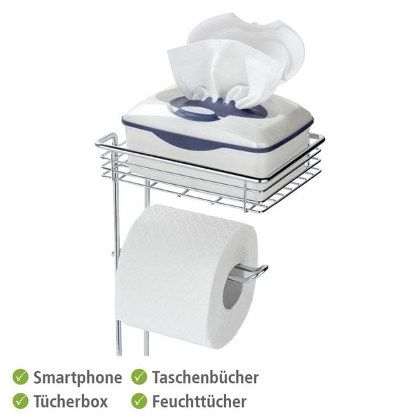 Porte-rouleau de papier toilette sur pied, chromé - Avec tablette et support pour rouleau de rechange