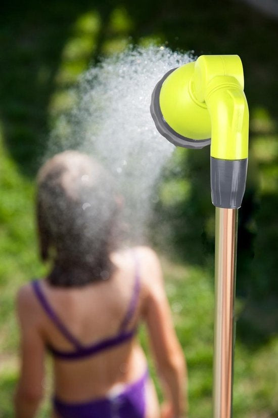 Kinzo Douche de jardin réglable - ⌀56 x 160/220CM - Trépied, pomme de douche et raccord pour tuyau d'arrosage inclus - Plastique/Aluminium - Vert/Argent