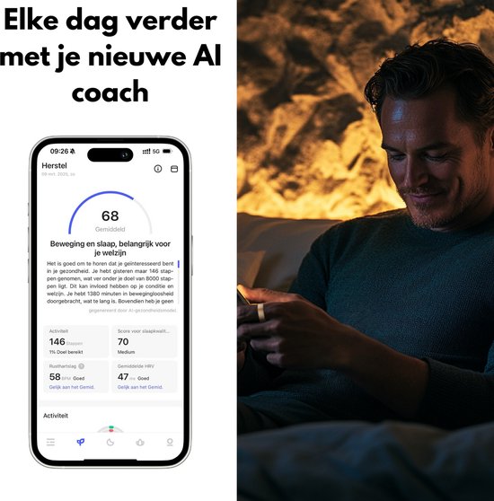 Focus® S2 Smart Ring - Or - Taille 6 - AI Coach - Fréquence cardiaque - Cycle menstruel - Moniteur de sommeil - Score de récupération - Smart Ring - Performance sportive - Podomètre - IP68 Waterproof - Mesure de l'O2 - Femmes - Hommes - Wearables - Etui d