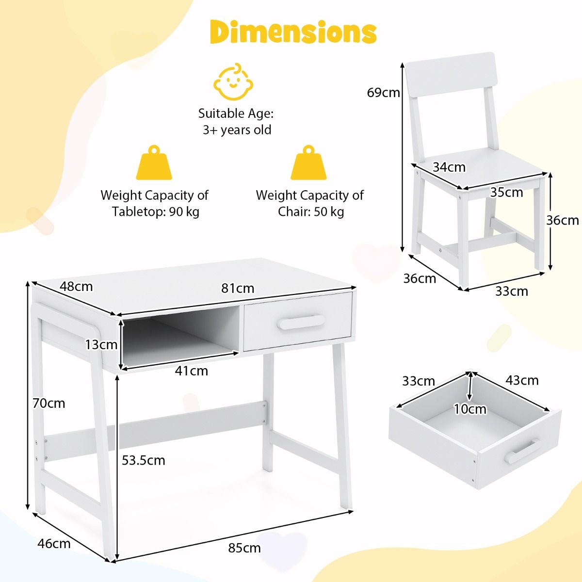 Bureau pour enfant Coast avec chaise - avec tiroir et étagère - conception ergonomique - blanc