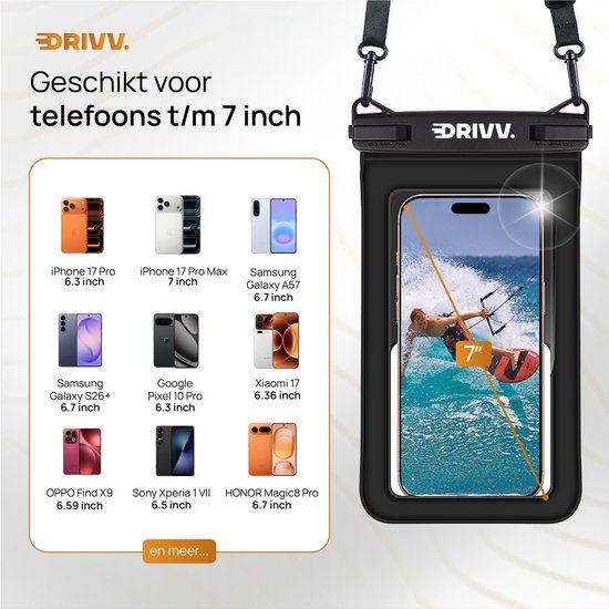 Étui étanche 2-en-1 Drivv Luxe pour téléphone - Flottant - Double fermeture à clip - Pour téléphones jusqu'à 7 pouces - Noir