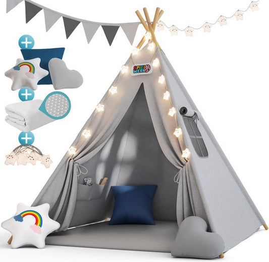 Spielwerk Tente de jeu - LED 3 coussins tendeurs 130x130x160cm - Gris