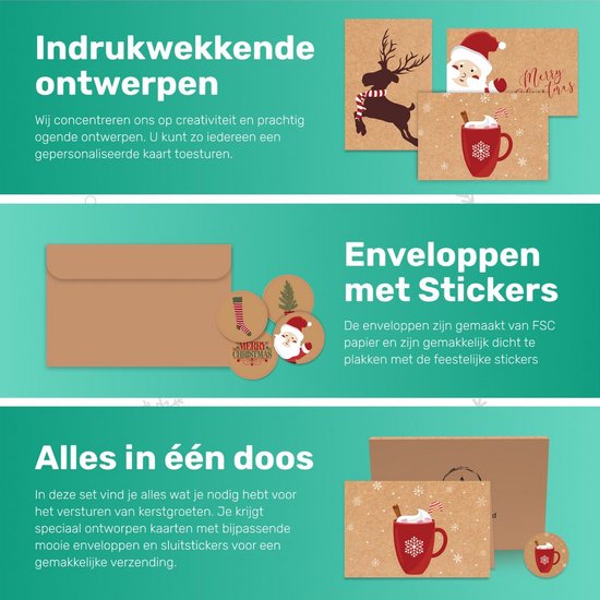 Giftmas Christmas Collection - Set de cartes de vœux et de cartes de Noël - 36 cartes de vœux avec 12 motifs - Enveloppes et autocollants inclus - Papier kraft avec impression en noir pour les fêtes - 20×15 cm
