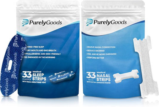 PurelyGoods® Ensemble de bandelettes buccales et nasales - Pansements anti-ronflement - Adhésif hypoallergénique - Bandelettes buccales - Pansements nasaux - Écarteur de nez - 2 x 33 pièces