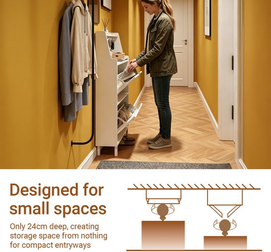 Armoire à chaussures SoBuy, extra-plate 19 cm - rangement jusqu'à la pointure 47 - avec crochets et étagère ouverte, pour petits logements, couloir, entrée - blanche, 60 x 19 x 119 cm, FSR221-W