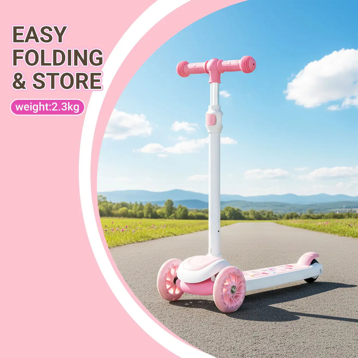 Trottinette Neuleb avec roues lumineuses - Plateforme extra-large - Rose