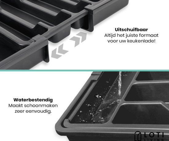 Loti Living Range-couverts - Organisateur coulissant pour tiroir à couverts - Plastique - Noir - Réglable de 33,3 à 56,7 cm de large - 38 cm de profondeur