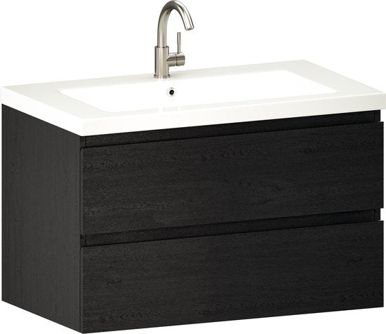 Meuble de salle de bains Mirlux en chêne noir 80 cm - Lavabo blanc - Ensemble de meubles de salle de bains - Meuble-lavabo en chêne noir