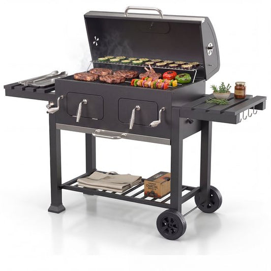 KitchenBrothers Barbecue au charbon de bois XL - Barbecue fumoir à deux zones - Avec grilles à charbon réglables et tables latérales rabattables - Sans PFAS - Surface de cuisson de 42,3 x 75,8 cm - Noir