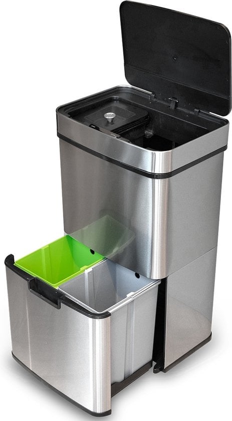 Poubelle de tri sélécrtif automatique - Goliving  - 64 L - Poubelle à détécteur - Séparation des déchets - Détecteur mains libres - Résistant à l'humidité - Acier inoxydable - 40L + 2x12L + 8L - Argenté