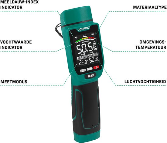 VONROC PRO Humidimètre - Double fonction de mesure : invasive (avec pointes) et non invasive (avec capteur) - convient pour le bois et les matériaux de construction - écran LCD multicolore