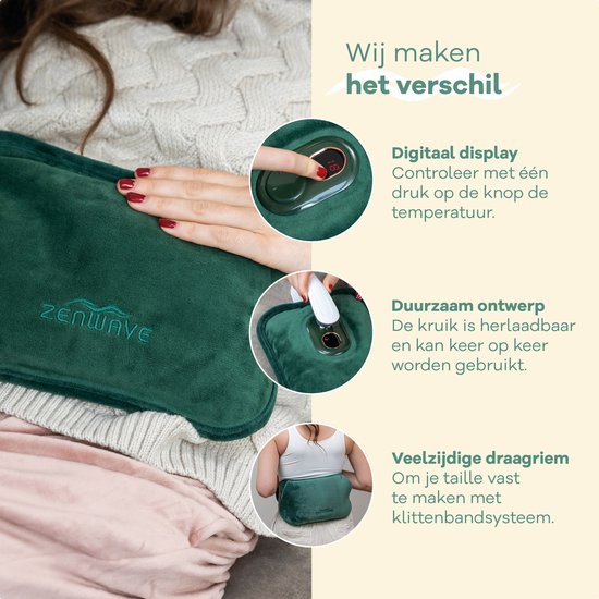 Bouillotte électrique Zenwave avec housse - Écran numérique - Bouillotte et bouillotte à eau avec chauffe-mains - Coussin chauffant rechargeable - Ceinture chauffante pour les règles - Durable et sans fil - Camping et plein air - Bouillotte verte